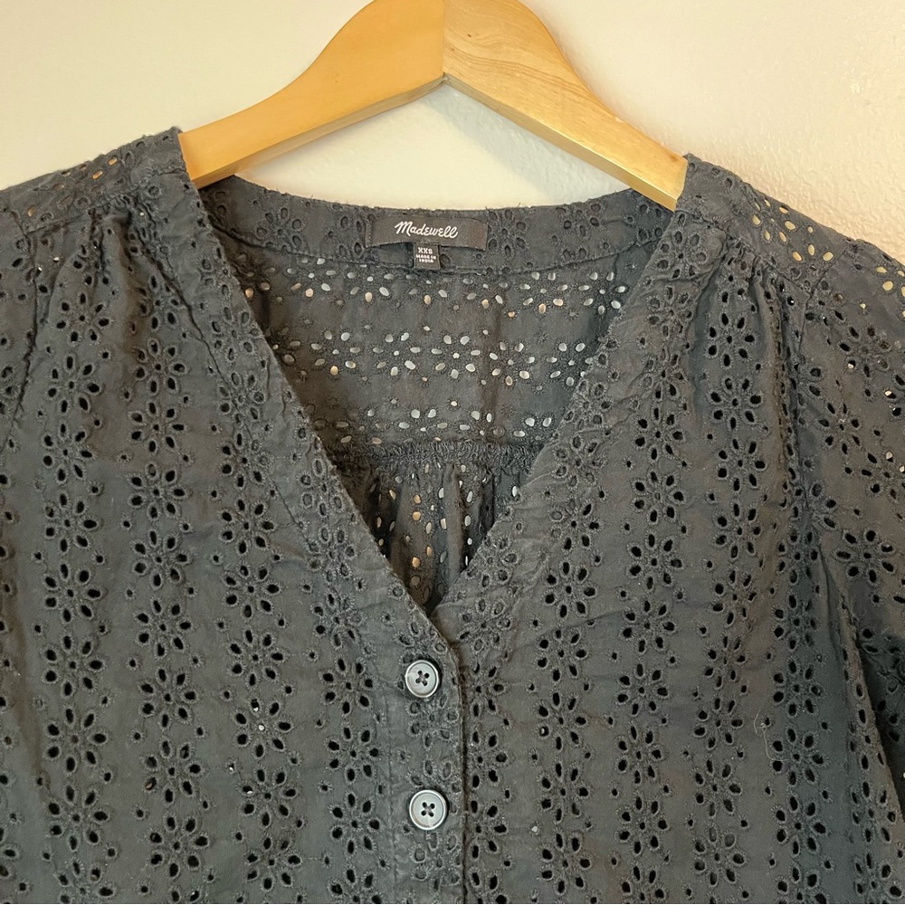Madewell Eyelet Village Ruffle Sleeve Shirt Top Blouse Black - Picture 4 of 6
